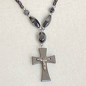 Hematite Gun Metal Cross Necklace